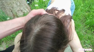 Cute Stepsister teases with her boobs outdoor. I had to fuck her right on the rock.